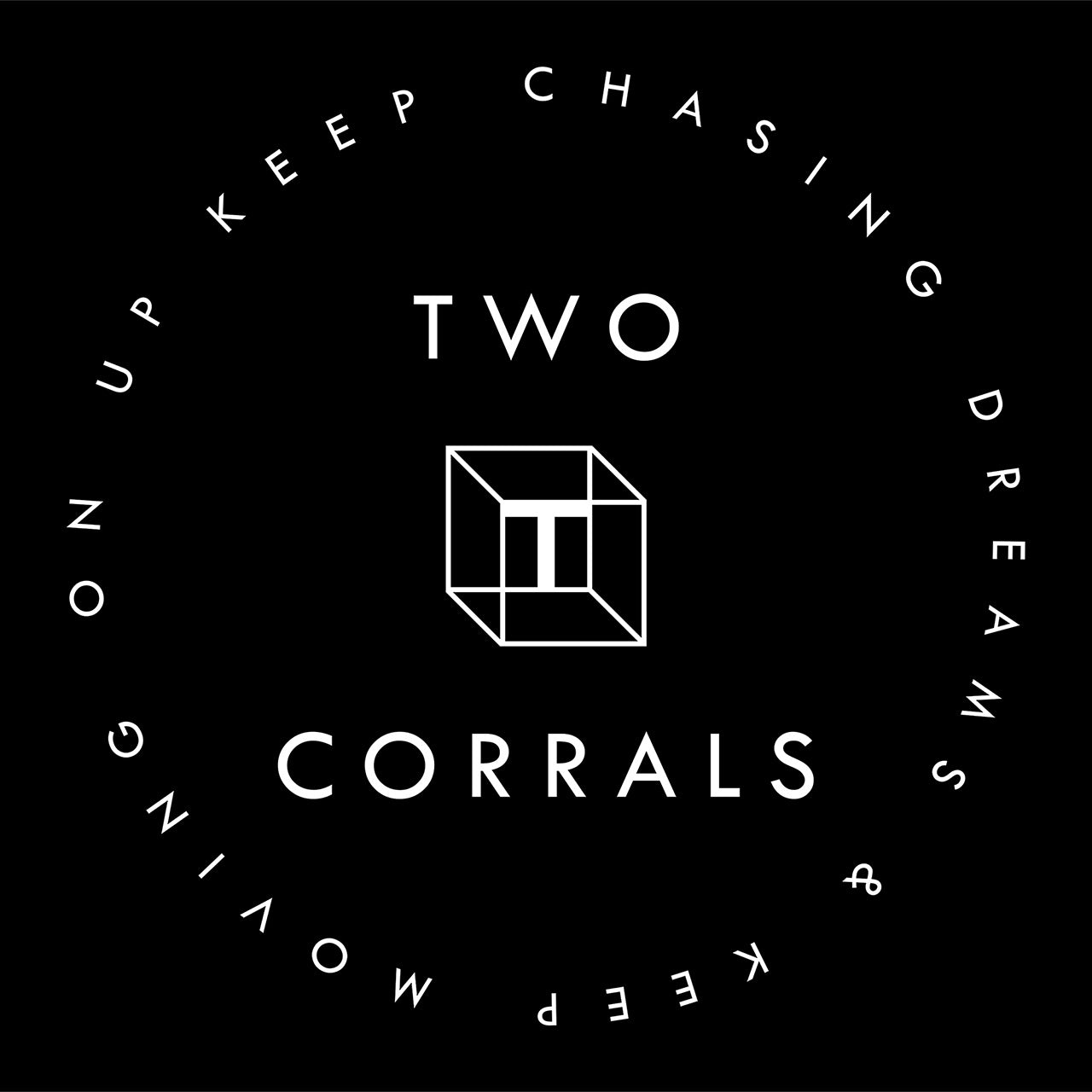 Brand logo and tagline from TWO CORRALS Lifestyle Running Brand, KEEP CHASING DREAMS & KEEP MOVING ON UP.