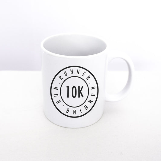 10K runner's mug from TWO CORRALS Lifestyle Running Brand. Our design is printed on both sides of the mug 10K run runner running.