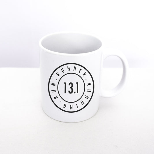 Half marathoner mug from TWO CORRALS Lifestyle Running Brand. Our design is printed on both sides 13.1 Run Runner Running