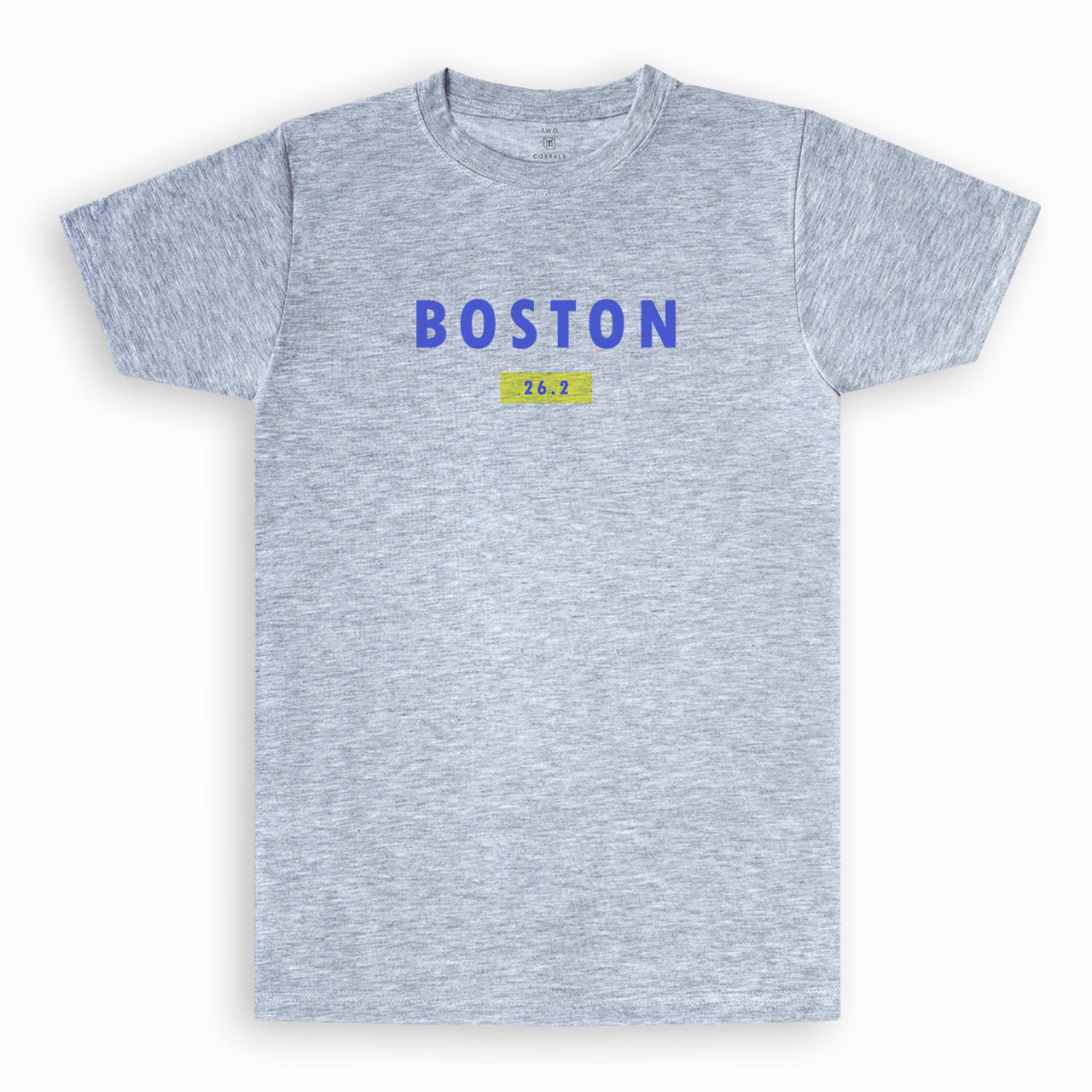 Boston 26.2 performance running short sleeve shirt from TWO CORRALS Lifestyle Running Brand, minimalistic marathon shirt with Boston in blue and 26.2 in blue and yellow