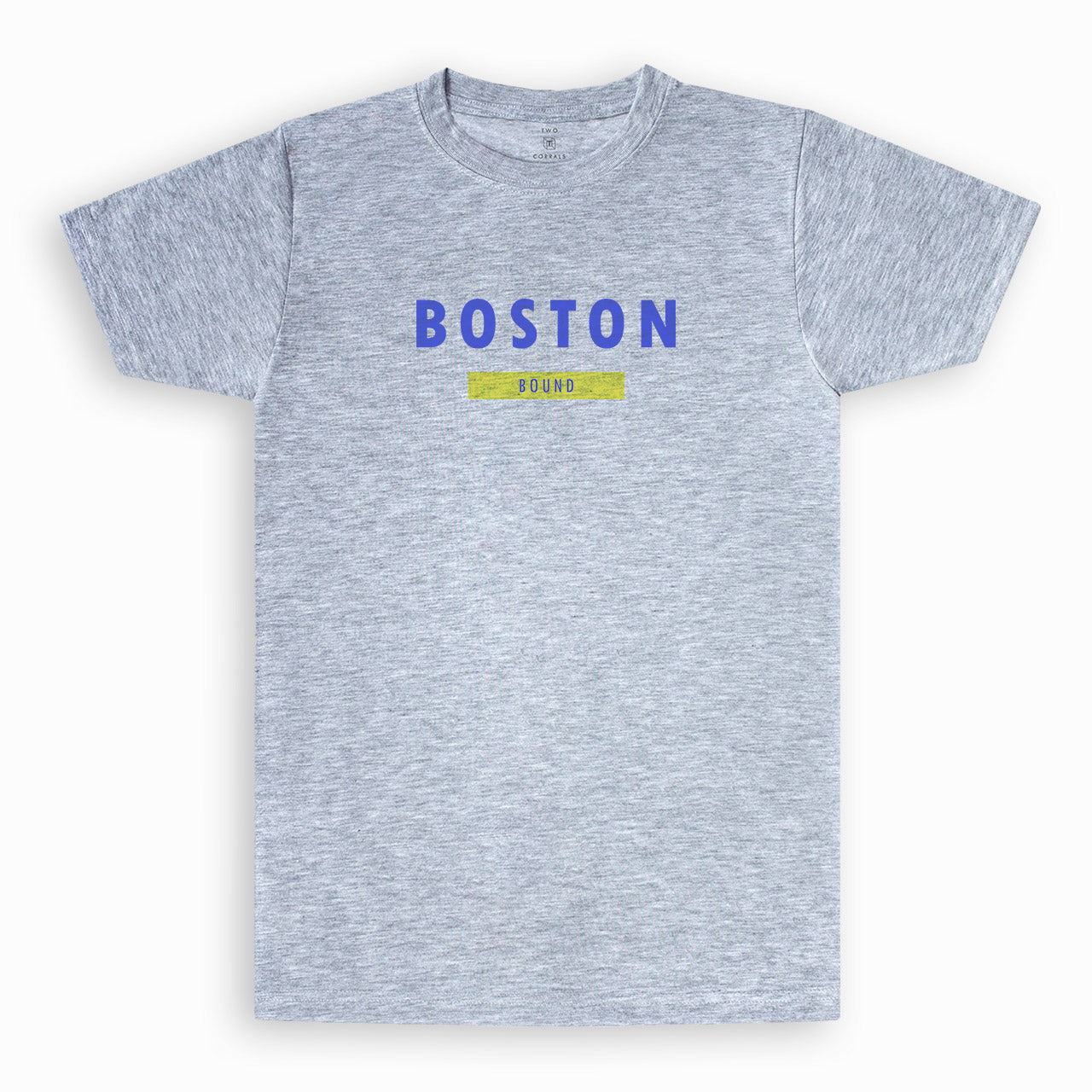 Boston bound (variation 1) performance short sleeve shirt from TWO CORRALS Lifestyle Running Brand, minimalistic Boston Bound shirt with Boston in blue and bound in yellow